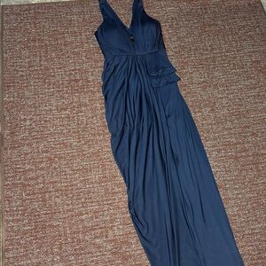 Barino Australia draped gown navy blue jersey deep v high slit sexy dress 6
